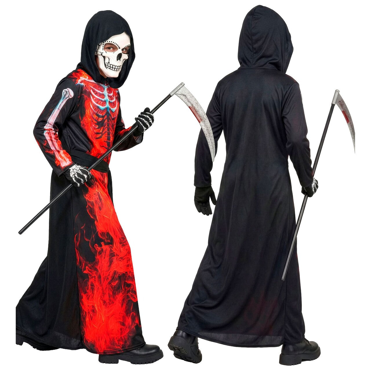 Op deze afbeelding zie je een Kostuums, van het merk Widmann. Burning Grim Reaper Jongen Kostuum