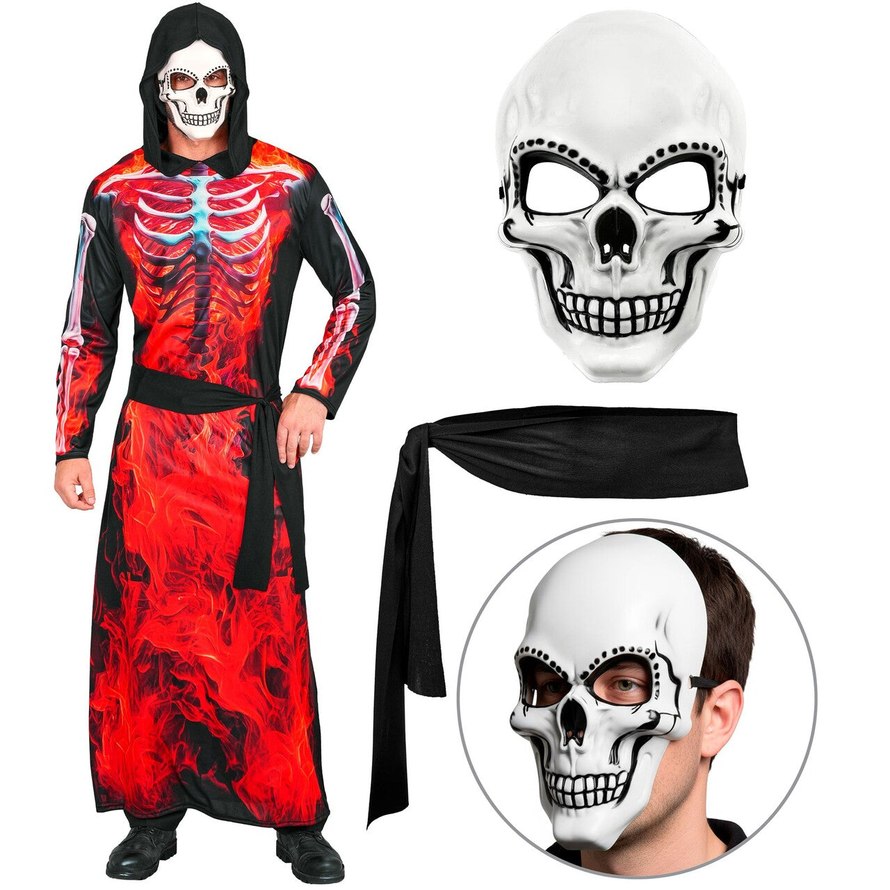 Op deze afbeelding zie je een Kostuums, van het merk Widmann. Flames And Fire Grim Reaper Man Kostuum
