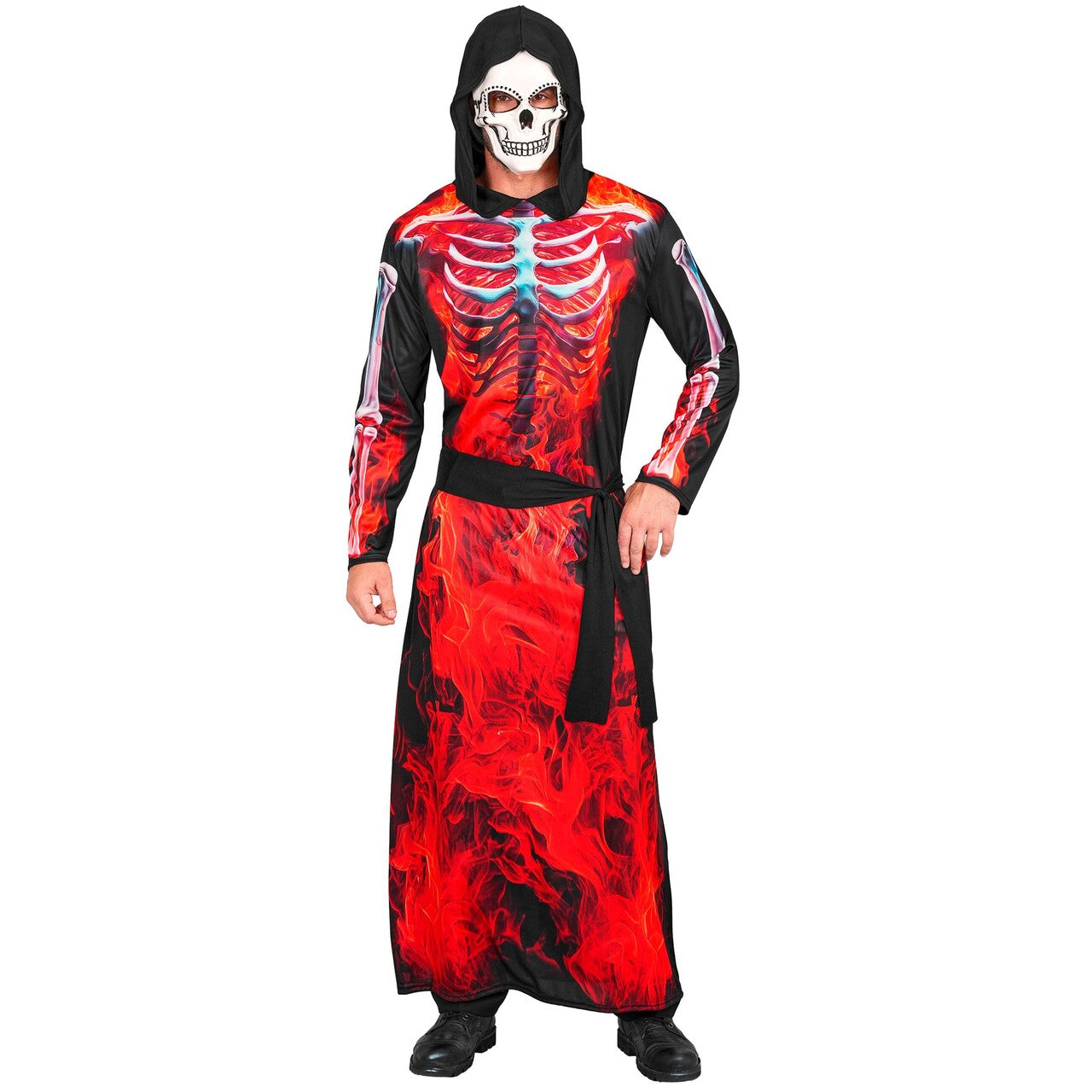 Op deze afbeelding zie je een Kostuums, van het merk Widmann. Flames And Fire Grim Reaper Man Kostuum