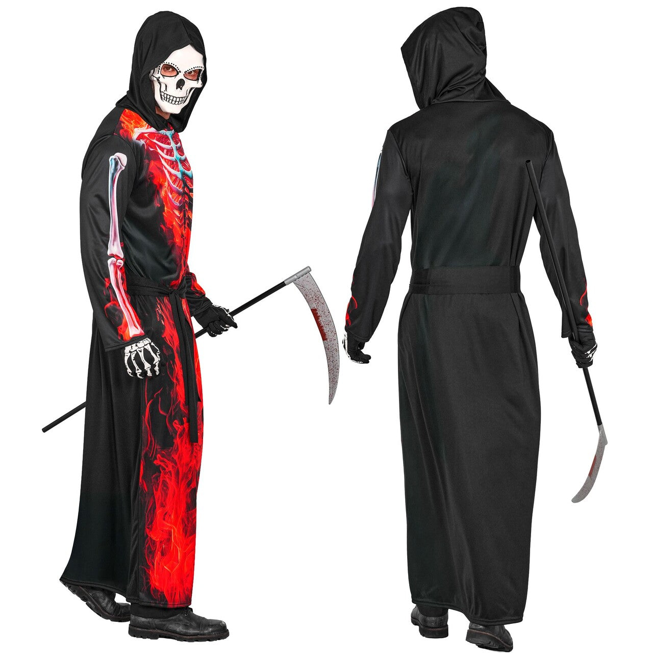 Op deze afbeelding zie je een Kostuums, van het merk Widmann. Flames And Fire Grim Reaper Man Kostuum