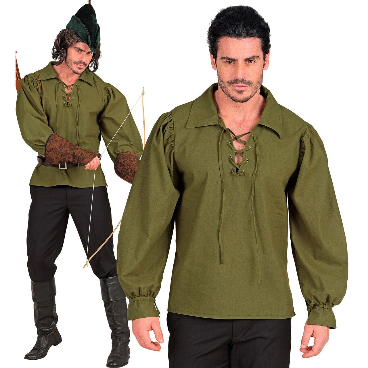 Op deze afbeelding zie je een Kostuums, van het merk Widmann. Groen Shirt Middeleeuwse Boogschieter Man