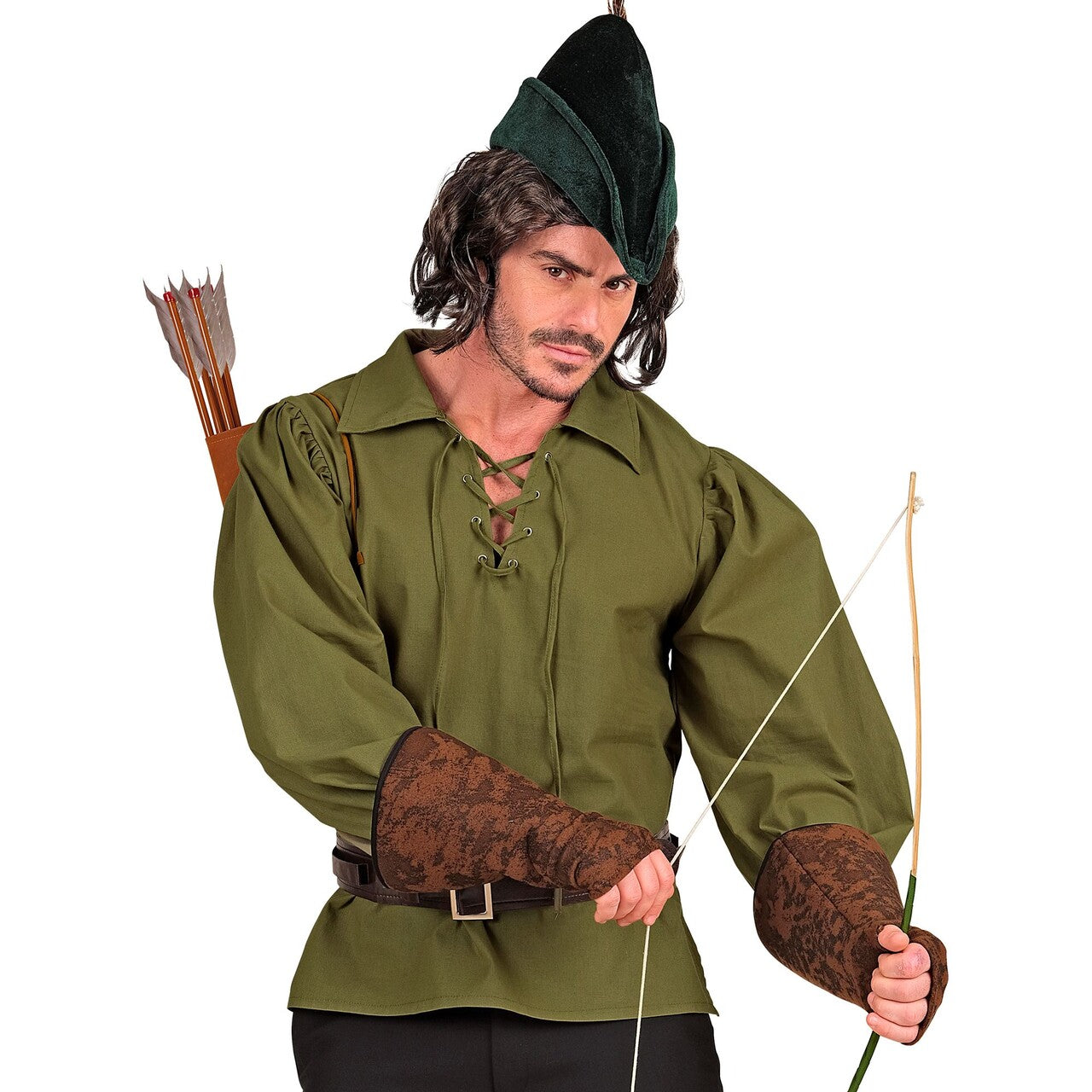 Op deze afbeelding zie je een Kostuums, van het merk Widmann. Groen Shirt Middeleeuwse Boogschieter Man