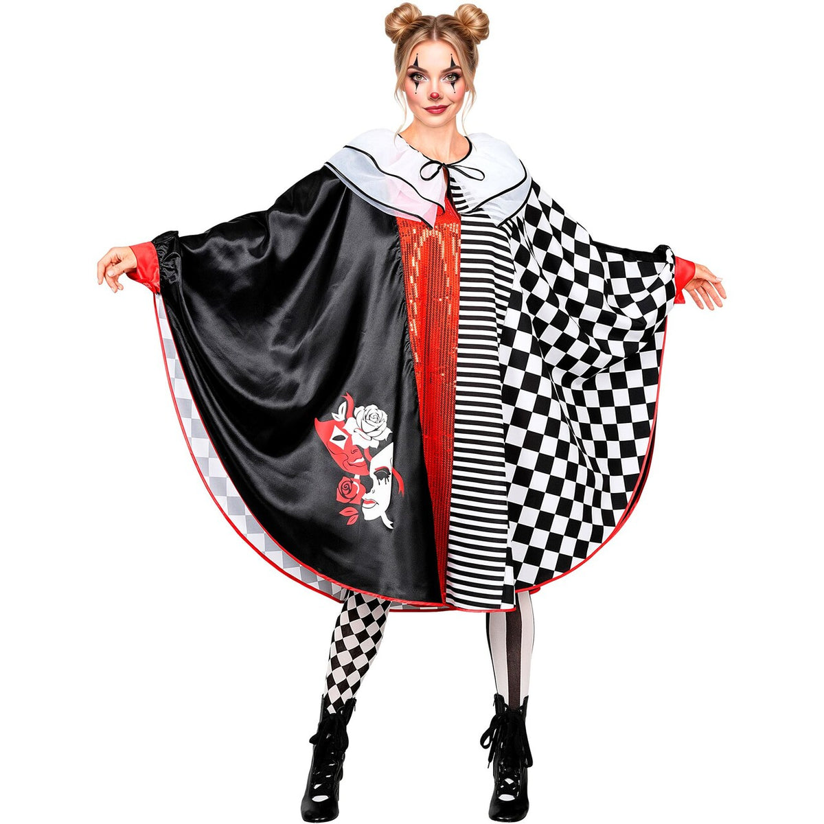 Op deze afbeelding zie je een Kostuums, van het merk Widmann. Poncho Pierrot Theater Vrouw Kostuum