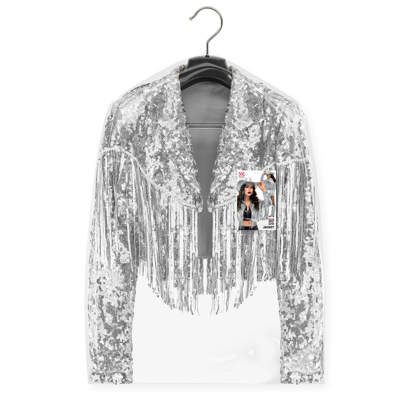 Op deze afbeelding zie je een Kostuums, van het merk Widmann. Silver Fever Glitter & Franje Jas Vrouw