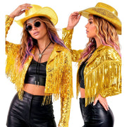 Op deze afbeelding zie je een Kostuums, van het merk Widmann. Gold Fever Glitter & Franje Jas Vrouw