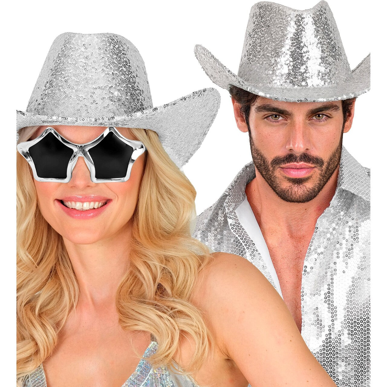 Op deze afbeelding zie je een Accessoires, van het merk Widmann. Cowboy Zilveren Paillettenhoed