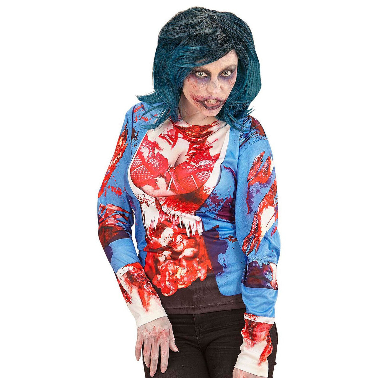 Op deze afbeelding zie je een Accessoires, van het merk Widmann. Pruik Foxy Megan Zwart / Blauw / Groen