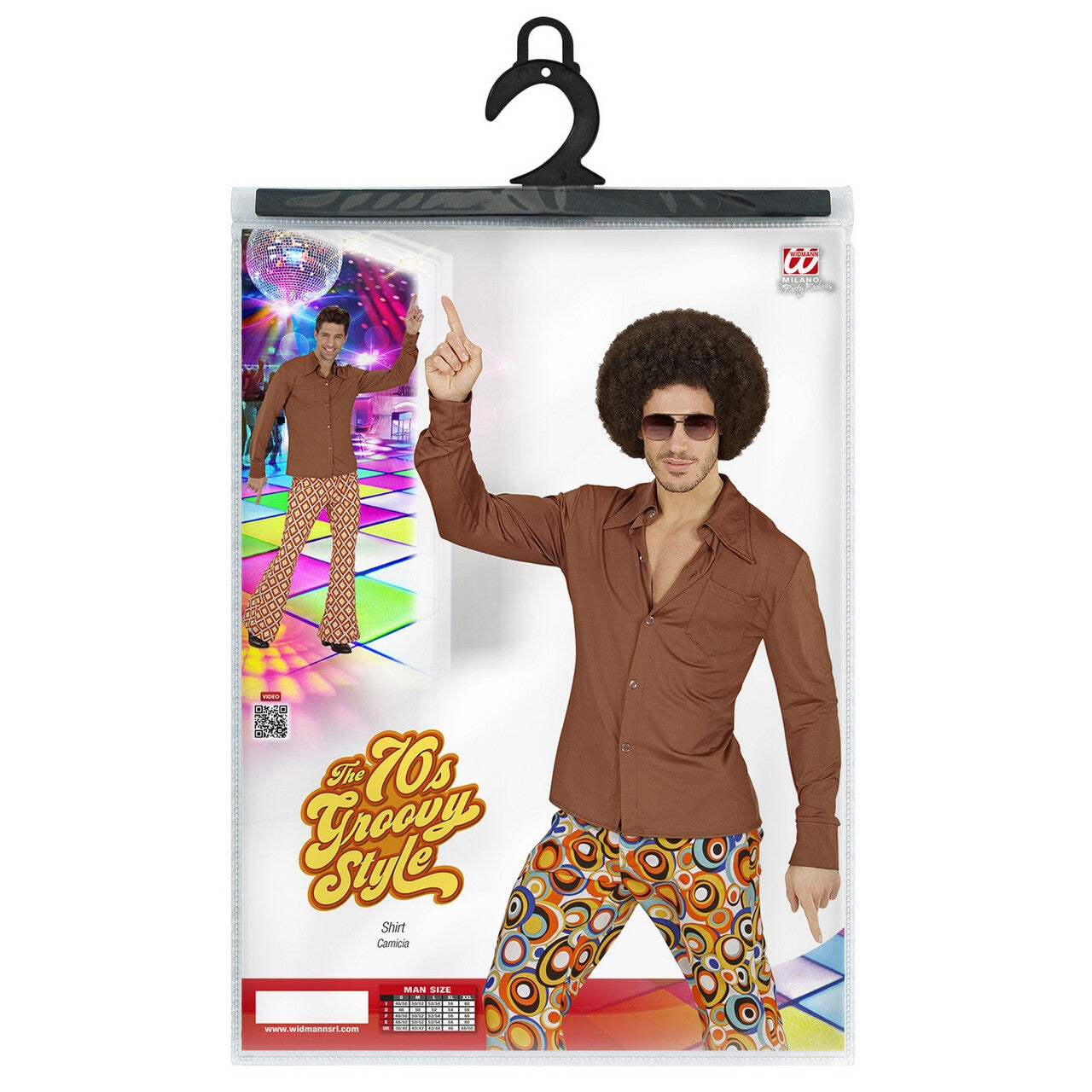 Op deze afbeelding zie je een Kostuums, van het merk Widmann. Groovy Garry 70s Heren Shirt, Bruin Man