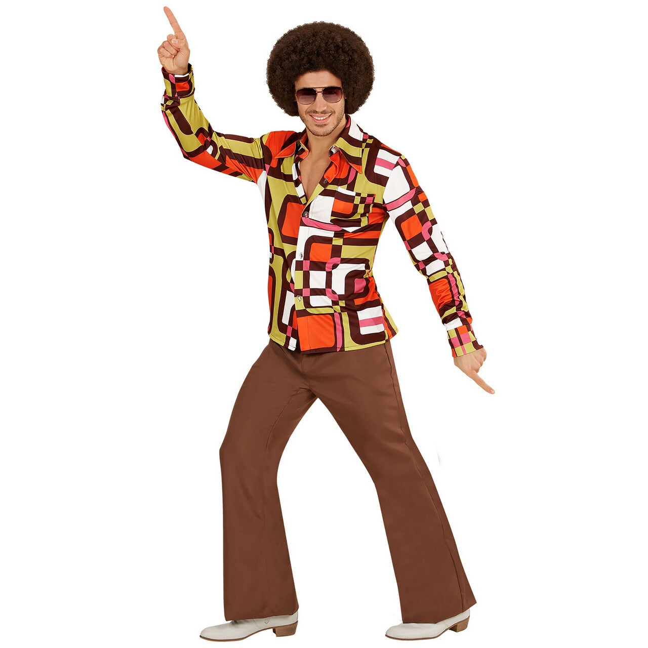Op deze afbeelding zie je een Kostuums, van het merk Widmann. Groovy Garry 70s Oranje Heren Shirt, Buizen Man