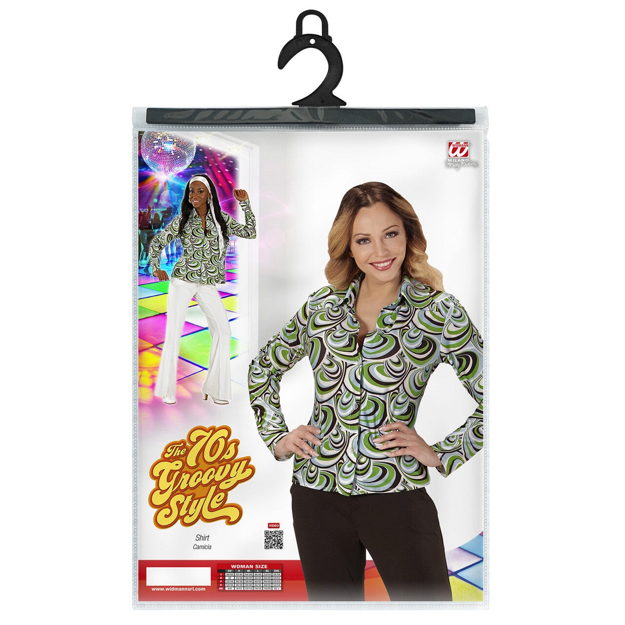 Op deze afbeelding zie je een Kostuums, van het merk Widmann. Groovy Gina 70s Dames Shirt, Golven Vrouw