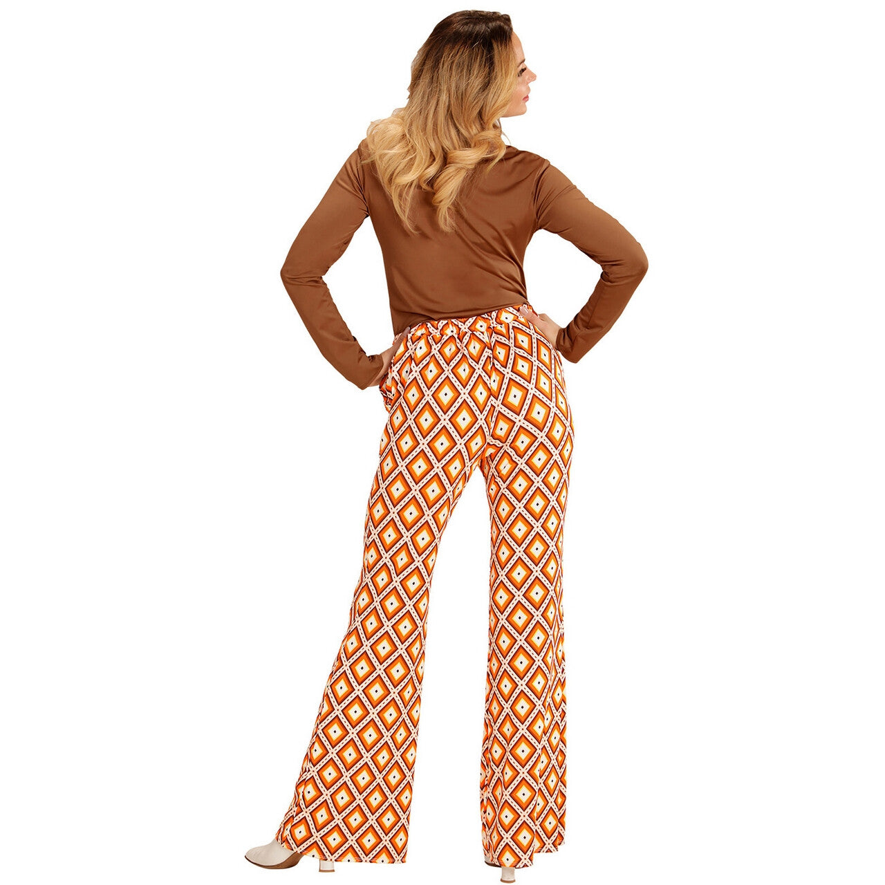 Op deze afbeelding zie je een Kostuums, van het merk Widmann. Groovy Gwendolyn 70s Dames Broek, Ruit Vrouw
