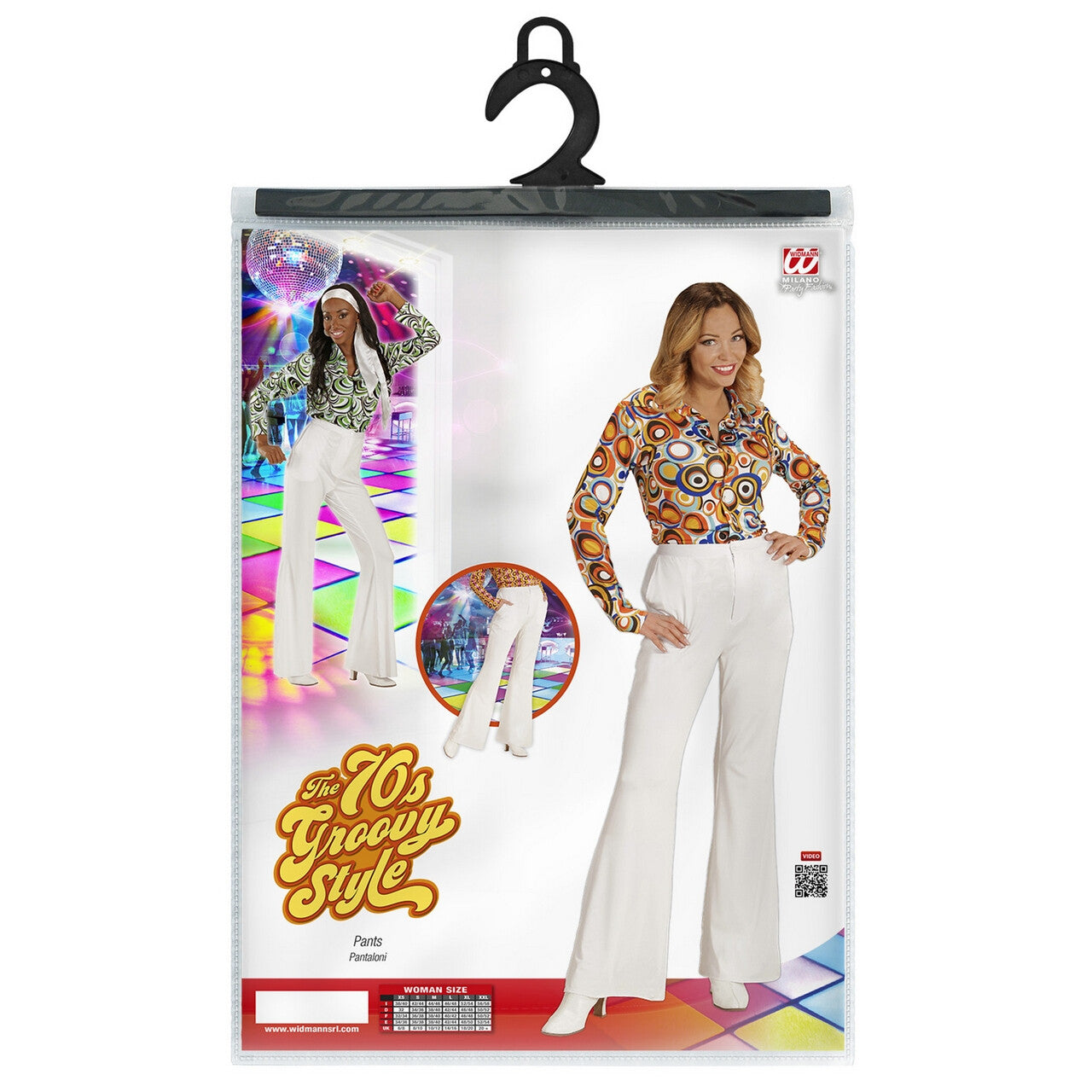 Op deze afbeelding zie je een Kostuums, van het merk Widmann. Groovy Gwendolyn 70s Dames Broek, Wit Vrouw