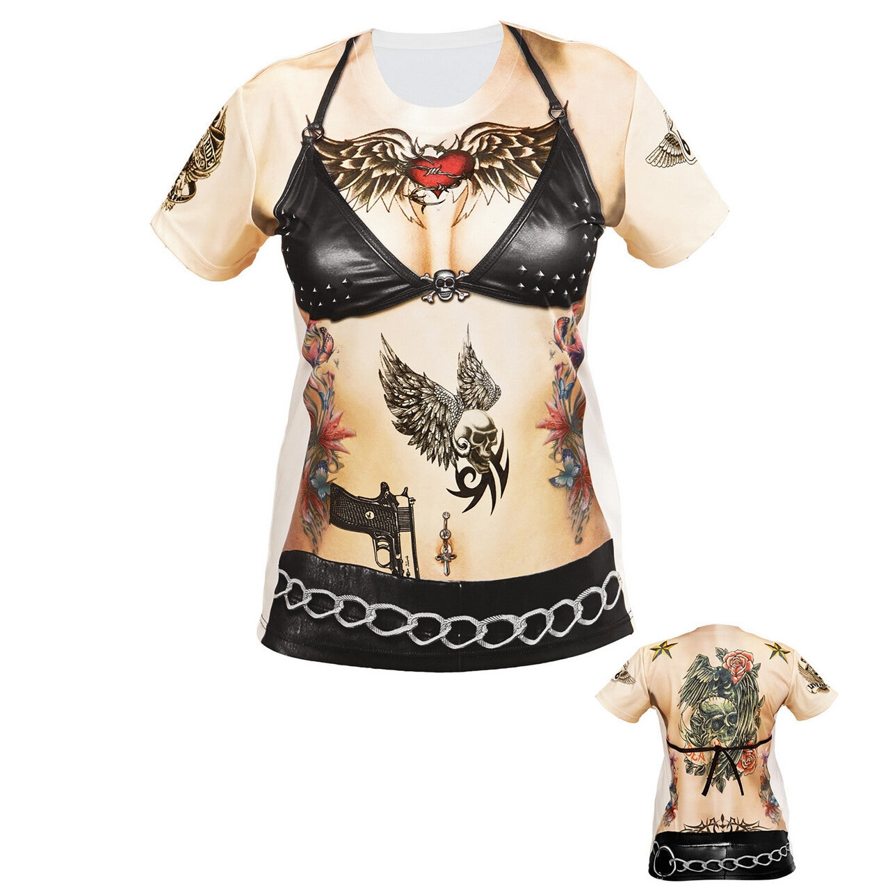 Op deze afbeelding zie je een Kostuums, van het merk Widmann. Tattoo Shirt Rocker / Biker Nadja Vrouw