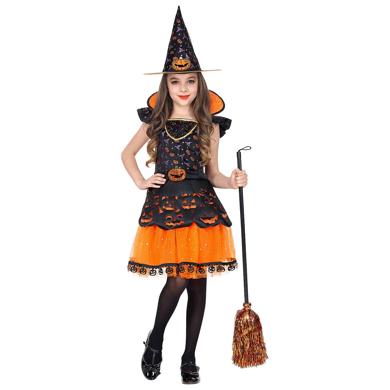 Op deze afbeelding zie je een Kostuums, van het merk Widmann. Pompoen Heks Halloween Meisje Kostuum