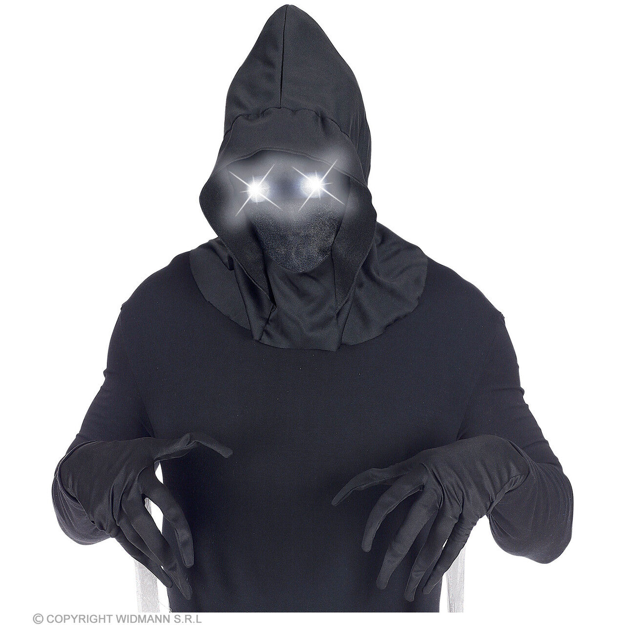 Op deze afbeelding zie je een Accessoires, van het merk Widmann. Masker Beul Met Kap En Lichtgevende Witte Ogen