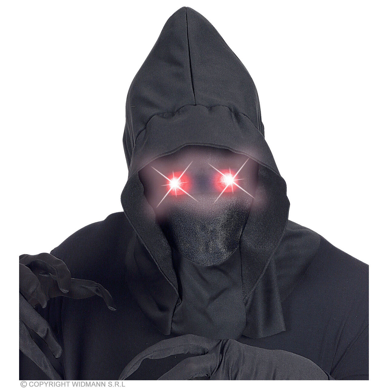 Op deze afbeelding zie je een Accessoires, van het merk Widmann. Masker Beul Met Kap En Lichtgevende Rode Ogen