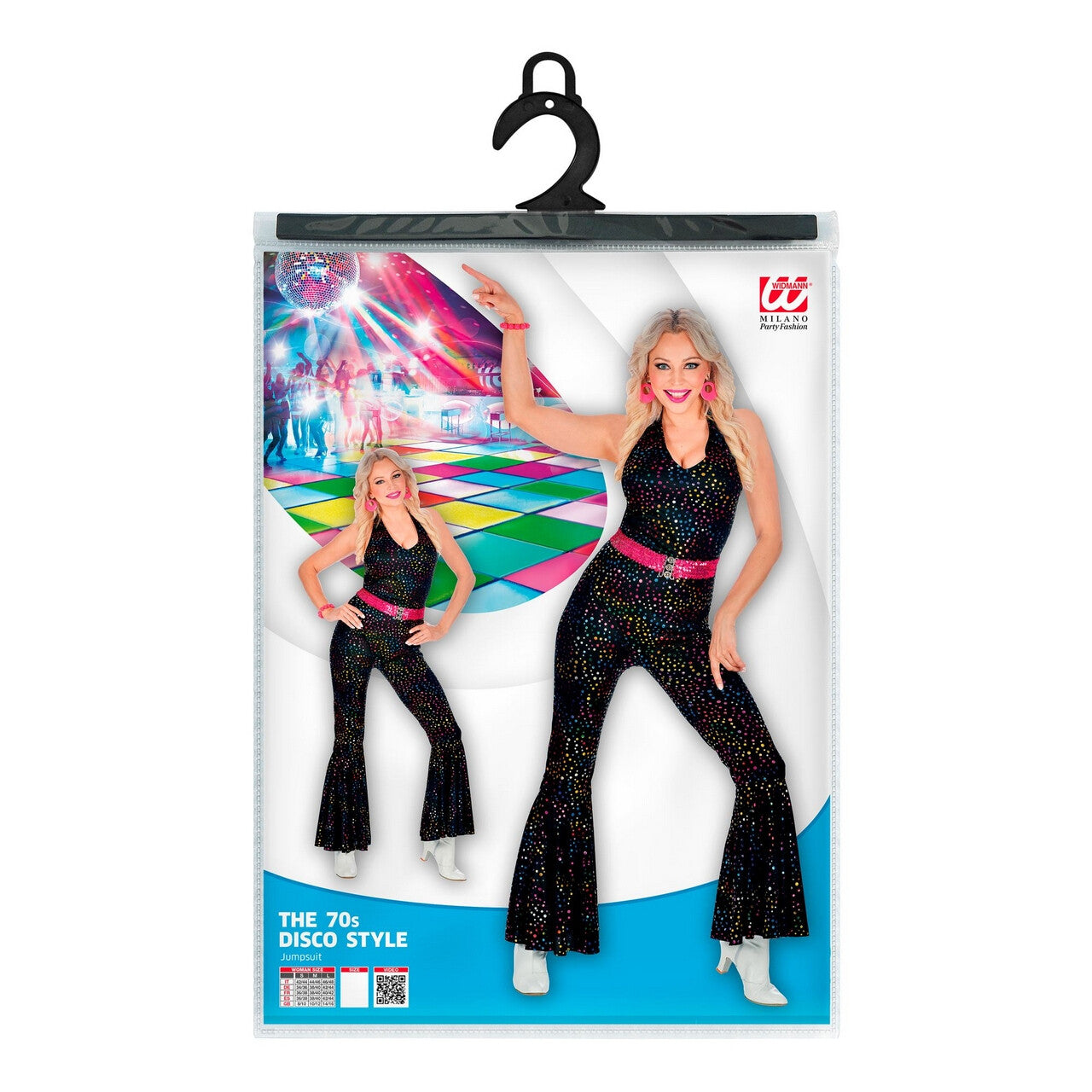 Op deze afbeelding zie je een Kostuums, van het merk Widmann. Zwarte Disco Glitter 70s Jumpsuit Vrouw Kostuum