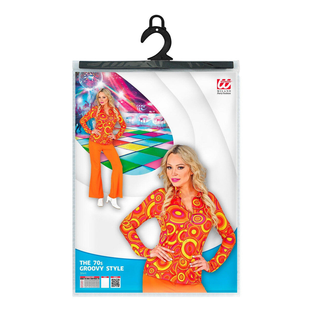Op deze afbeelding zie je een Kostuums, van het merk Widmann. Knaloranje Jaren 70 Koningin Van De Dansvloer Shirt Vrouw