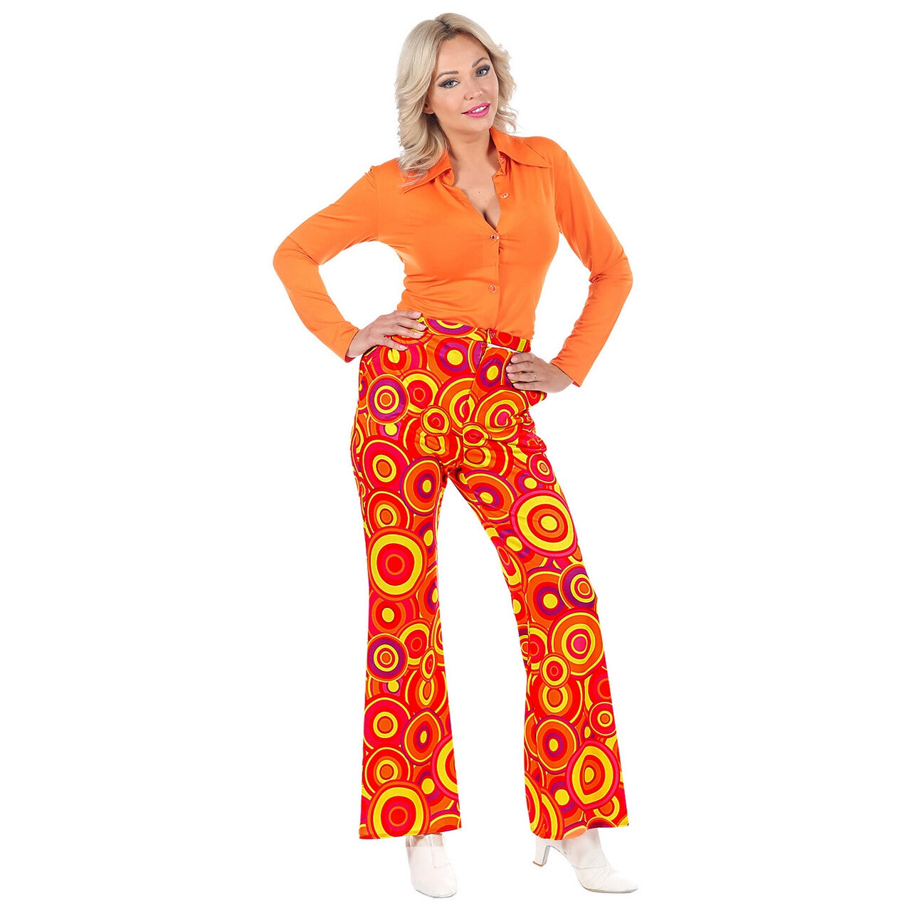 Op deze afbeelding zie je een Kostuums, van het merk Widmann. Knaloranje Jaren 70 Koningin Van De Dansvloer Broek Vrouw