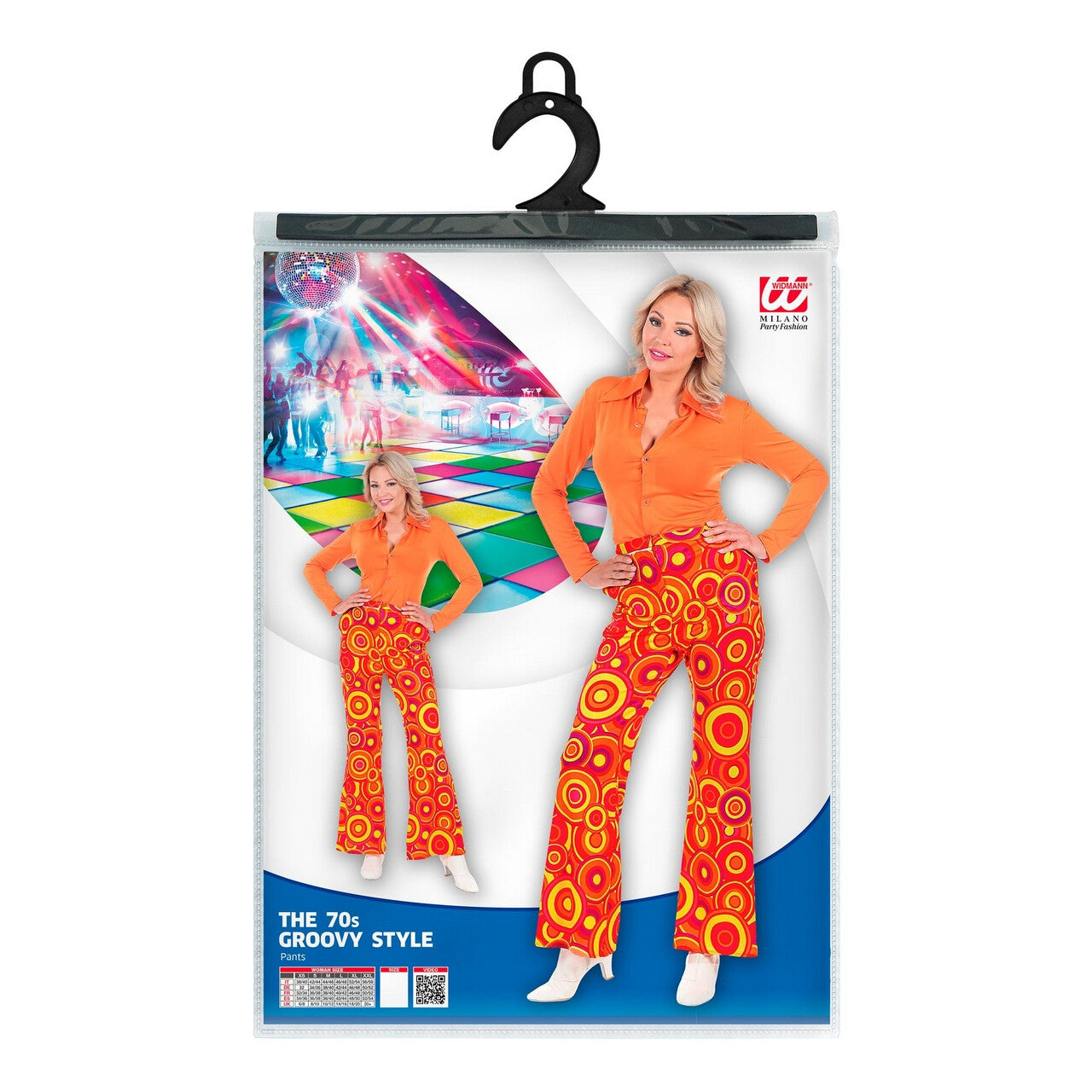 Op deze afbeelding zie je een Kostuums, van het merk Widmann. Knaloranje Jaren 70 Koningin Van De Dansvloer Broek Vrouw