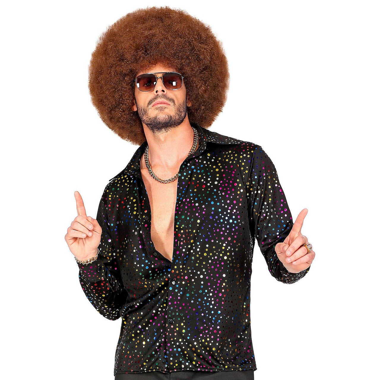 Op deze afbeelding zie je een Kostuums, van het merk Widmann. Groovy Style Disco Zwarte Stippen Shirt 70s Man
