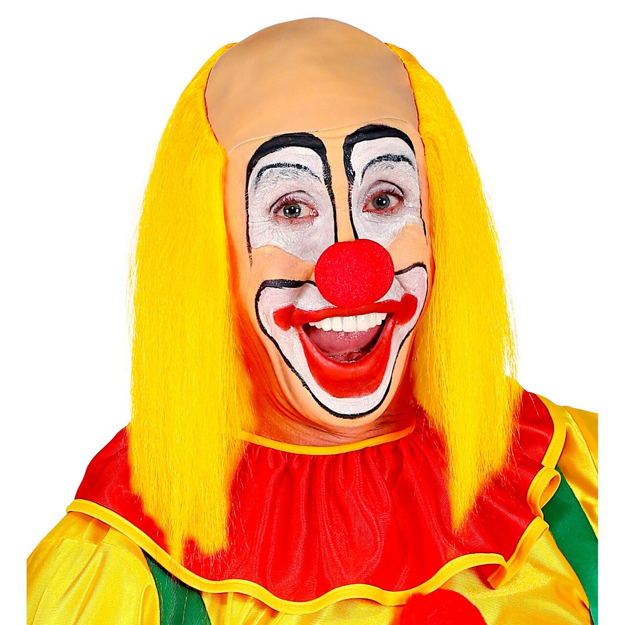 Op deze afbeelding zie je een Accessoires, van het merk Widmann. Kale Schedel Met Lang Geel Haar Clown
