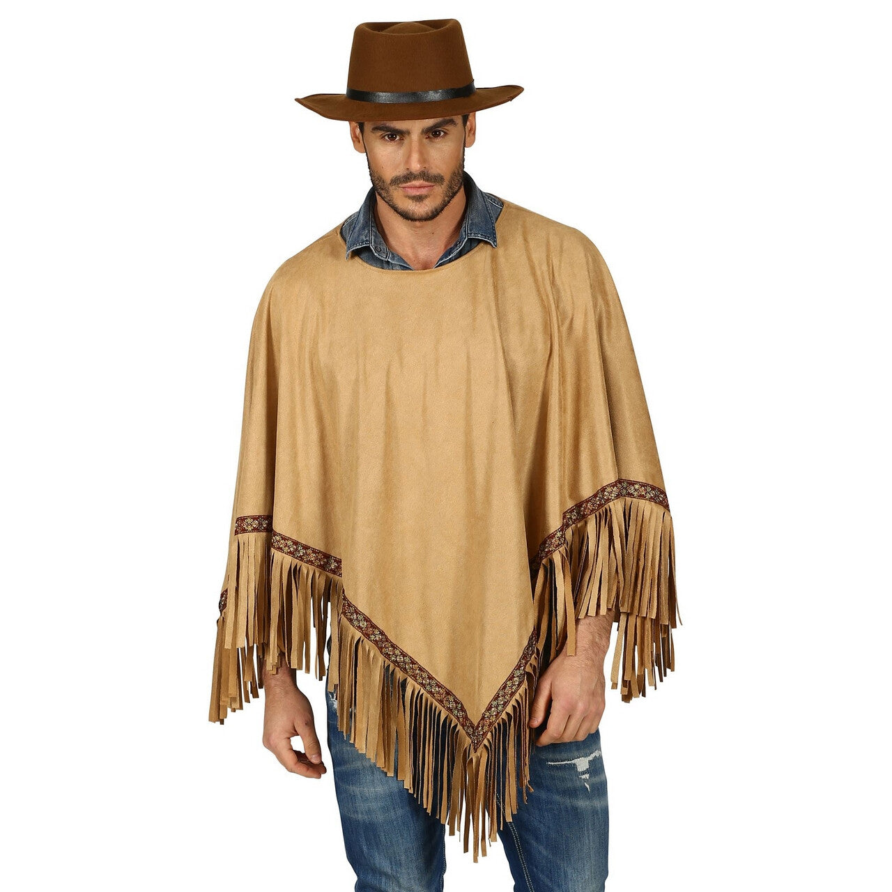 Op deze afbeelding zie je een Kostuums, van het merk Widmann. Luxe Zandbruine Indianen Poncho Lonesome Cowboy