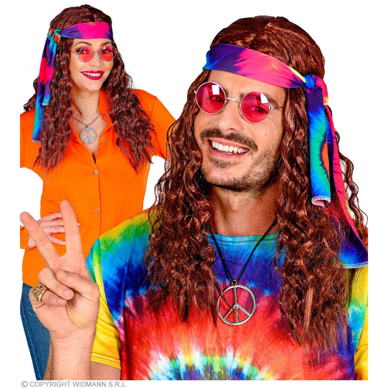Op deze afbeelding zie je een Accessoires, van het merk Widmann. Hippie Pruik Met Hoofdband Tie Dye Bruin