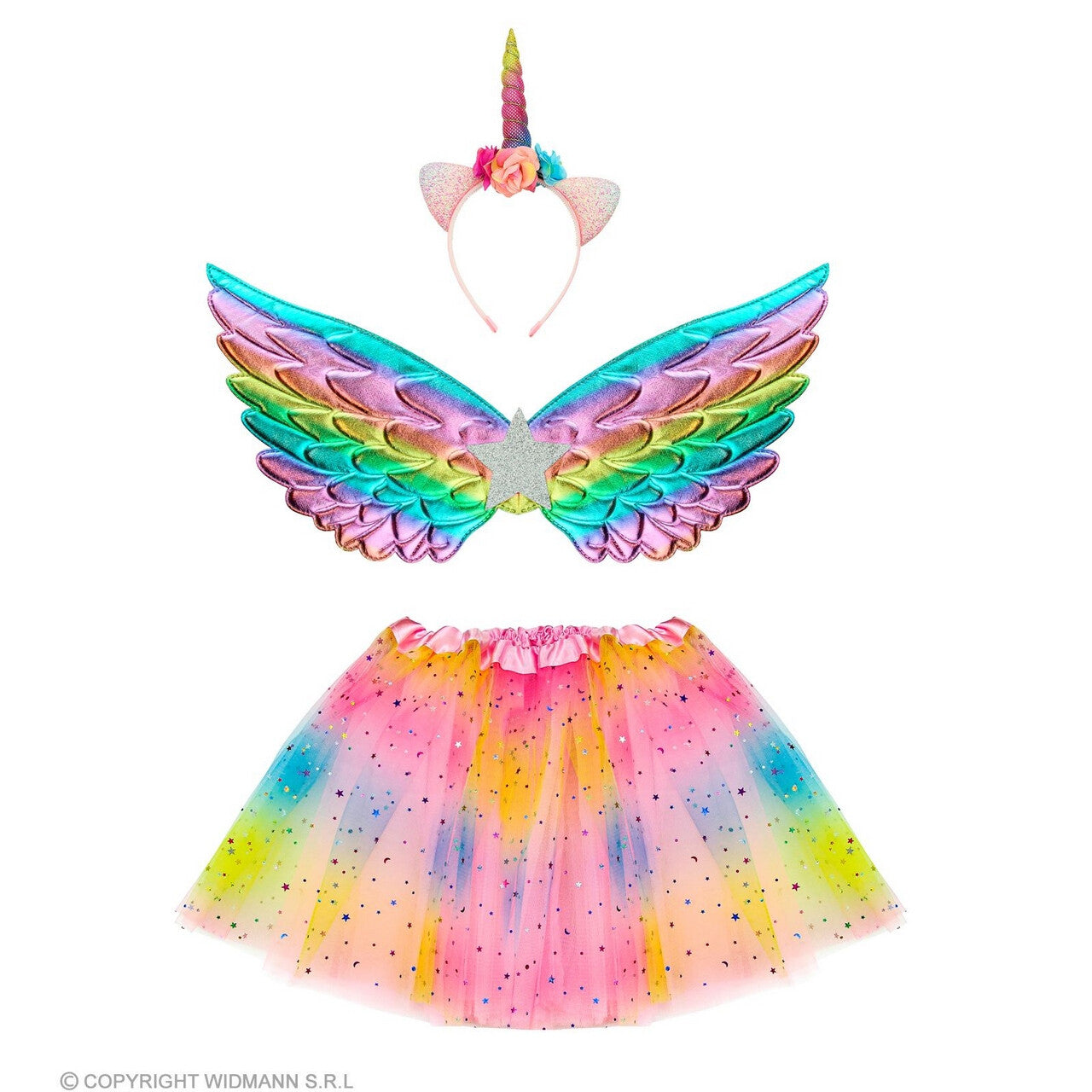 Op deze afbeelding zie je een Kostuums, van het merk Widmann. Kleurige Unicorn Set Meisje Kostuum