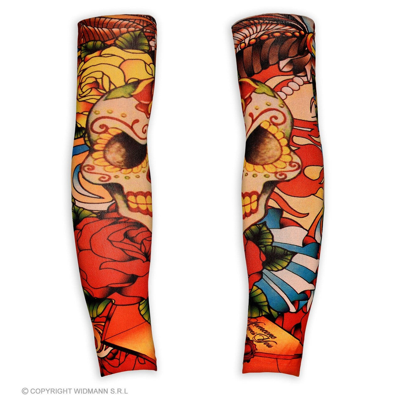 Op deze afbeelding zie je een Accessoires, van het merk Widmann. Gekleurde Tattoo Armsleeve Schedel En Rozen