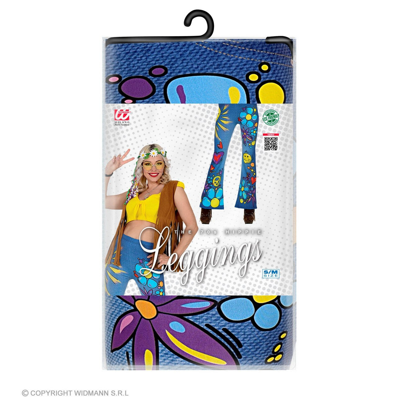 Op deze afbeelding zie je een Kostuums, van het merk Widmann. 70s Legging Hippie Peace Love And Happiness Vrouw