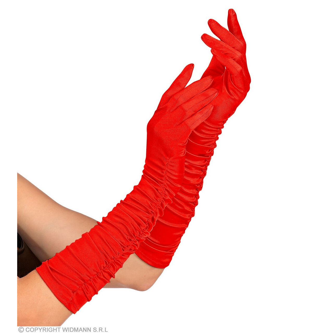 Op deze afbeelding zie je een Accessoires, van het merk Widmann. Rode Verleidelijke Satijnen Handschoenen Plisse 44 Centimeter