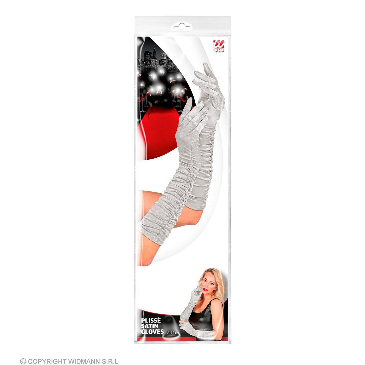 Op deze afbeelding zie je een Accessoires, van het merk Widmann. Zilveren Satijnen Handschoenen Plisse 44 Centimeter