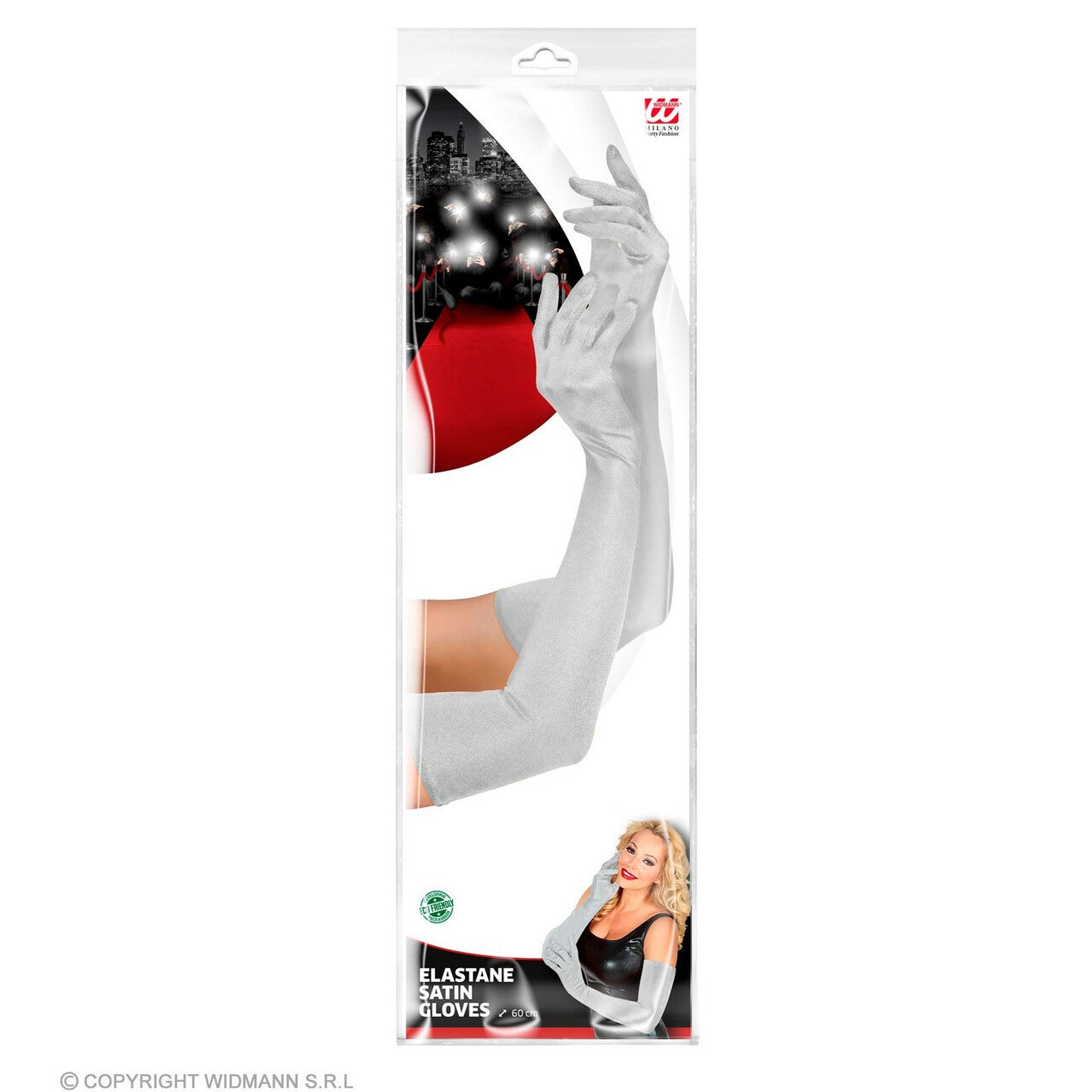 Op deze afbeelding zie je een Accessoires, van het merk Widmann. Superlange Satijnen Handschoenen 60 Centimeter Zilver