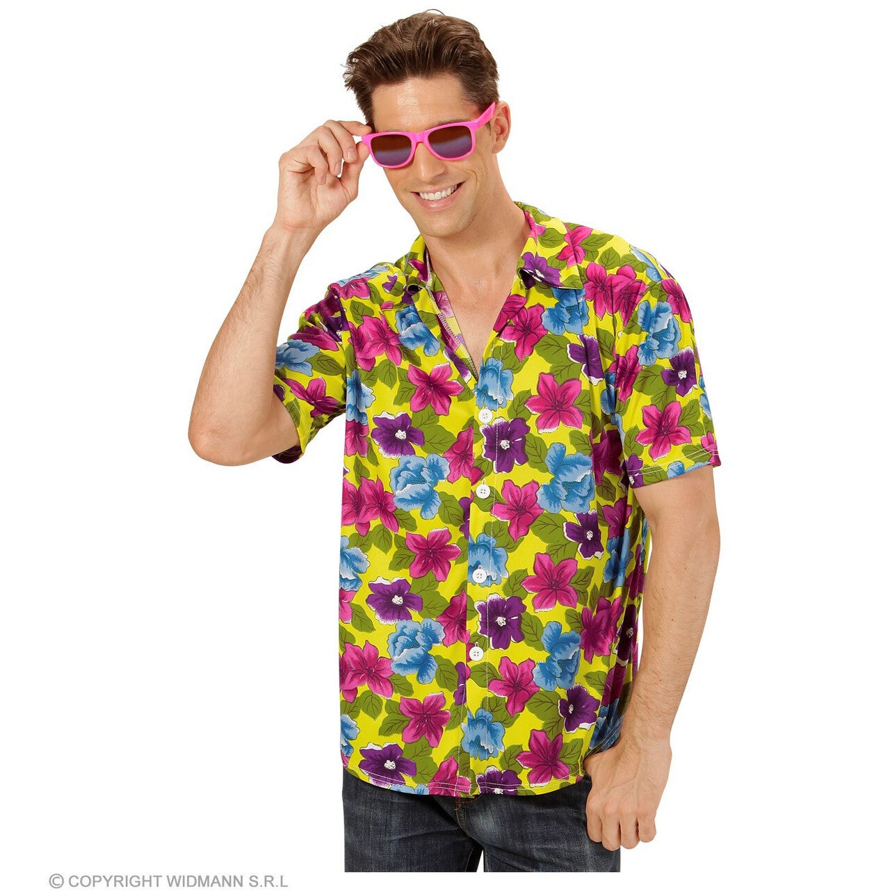 Op deze afbeelding zie je een Kostuums, van het merk Widmann. Hawaii Shirt Bloemenpracht Geel Man