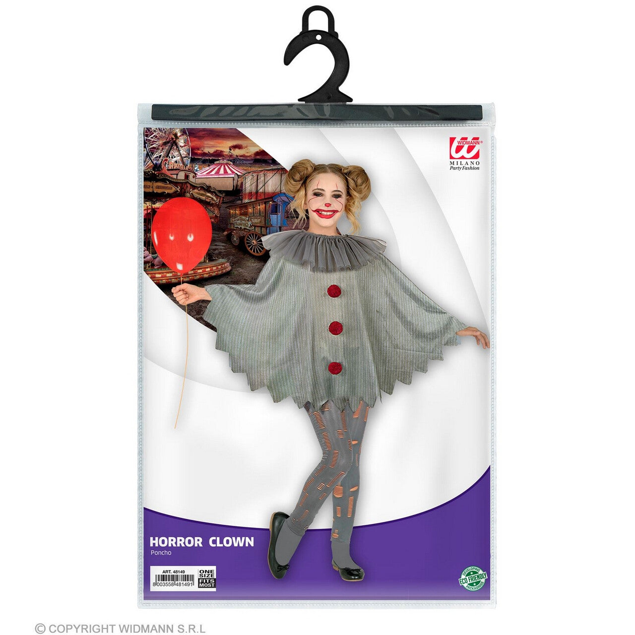 Op deze afbeelding zie je een Kostuums, van het merk Widmann. Horror Clown Wijze Penny Poncho Kind Kind