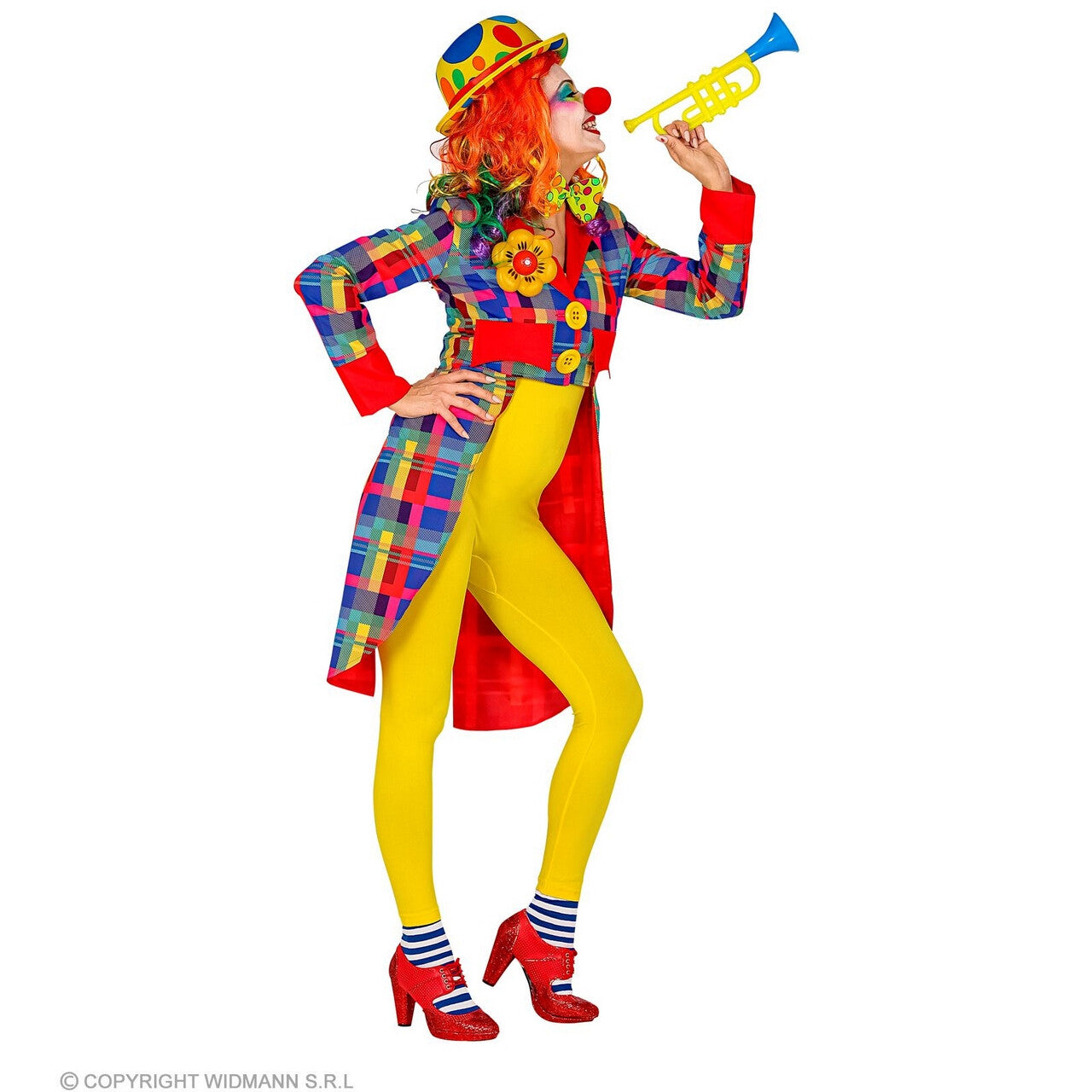 Op deze afbeelding zie je een Kostuums, van het merk Widmann. Moema De Geinige Clown Slipjas Geblokt Vrouw
