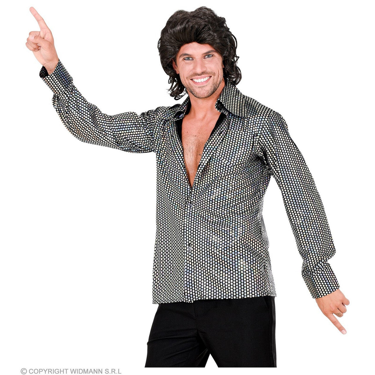Op deze afbeelding zie je een Kostuums, van het merk Widmann. 70s Swingende Discobal Shirt Man