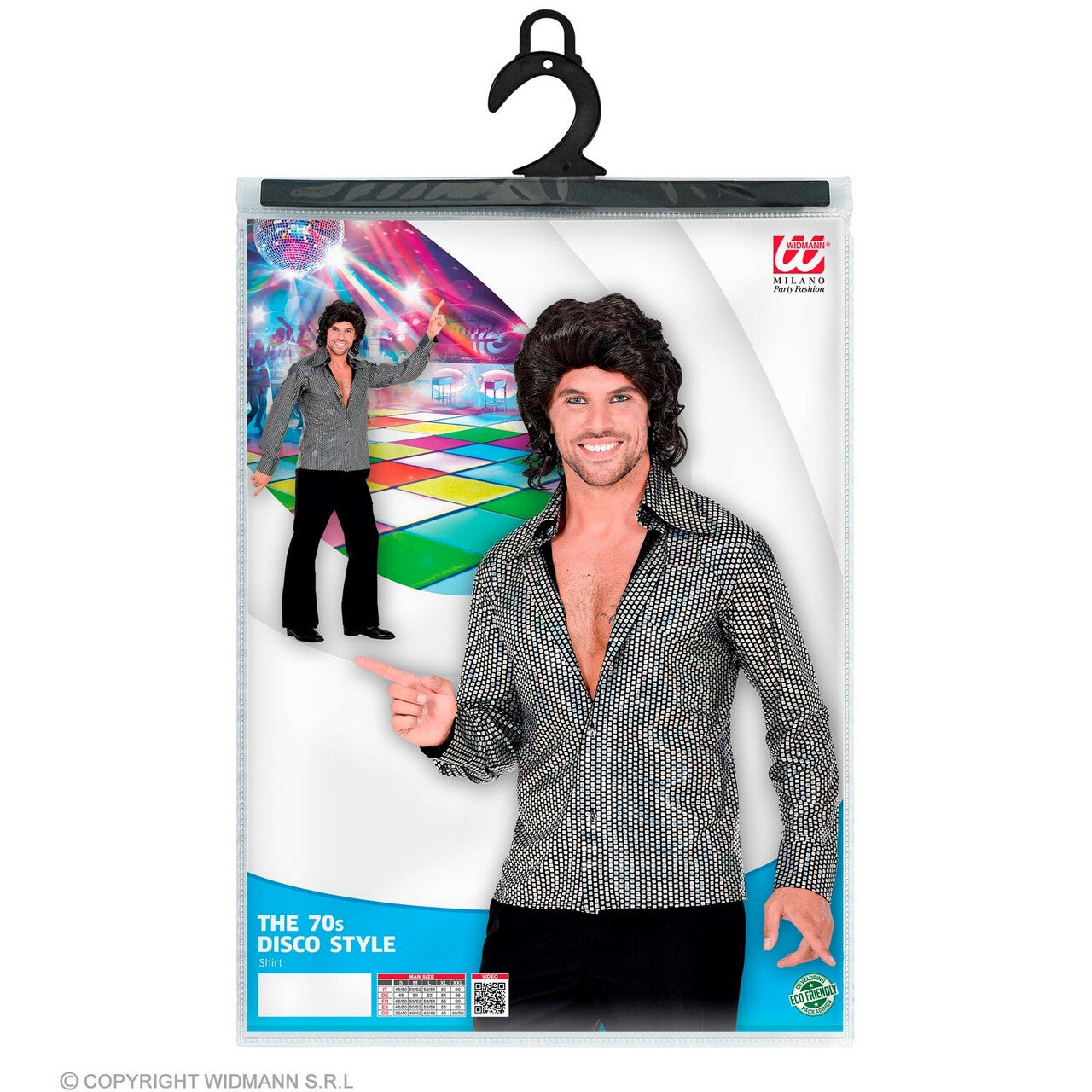 Op deze afbeelding zie je een Kostuums, van het merk Widmann. 70s Swingende Discobal Shirt Man