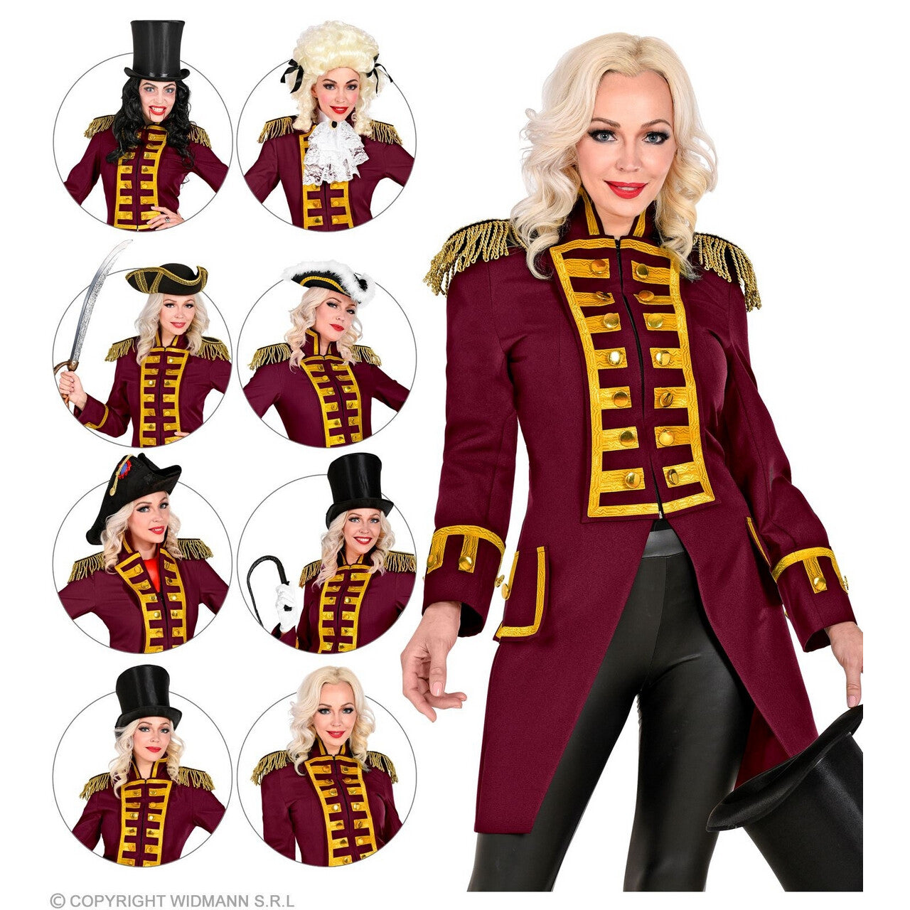 Op deze afbeelding zie je een Kostuums, van het merk Widmann. Statige Franse Parade Jas Bordeaux Rood Vrouw