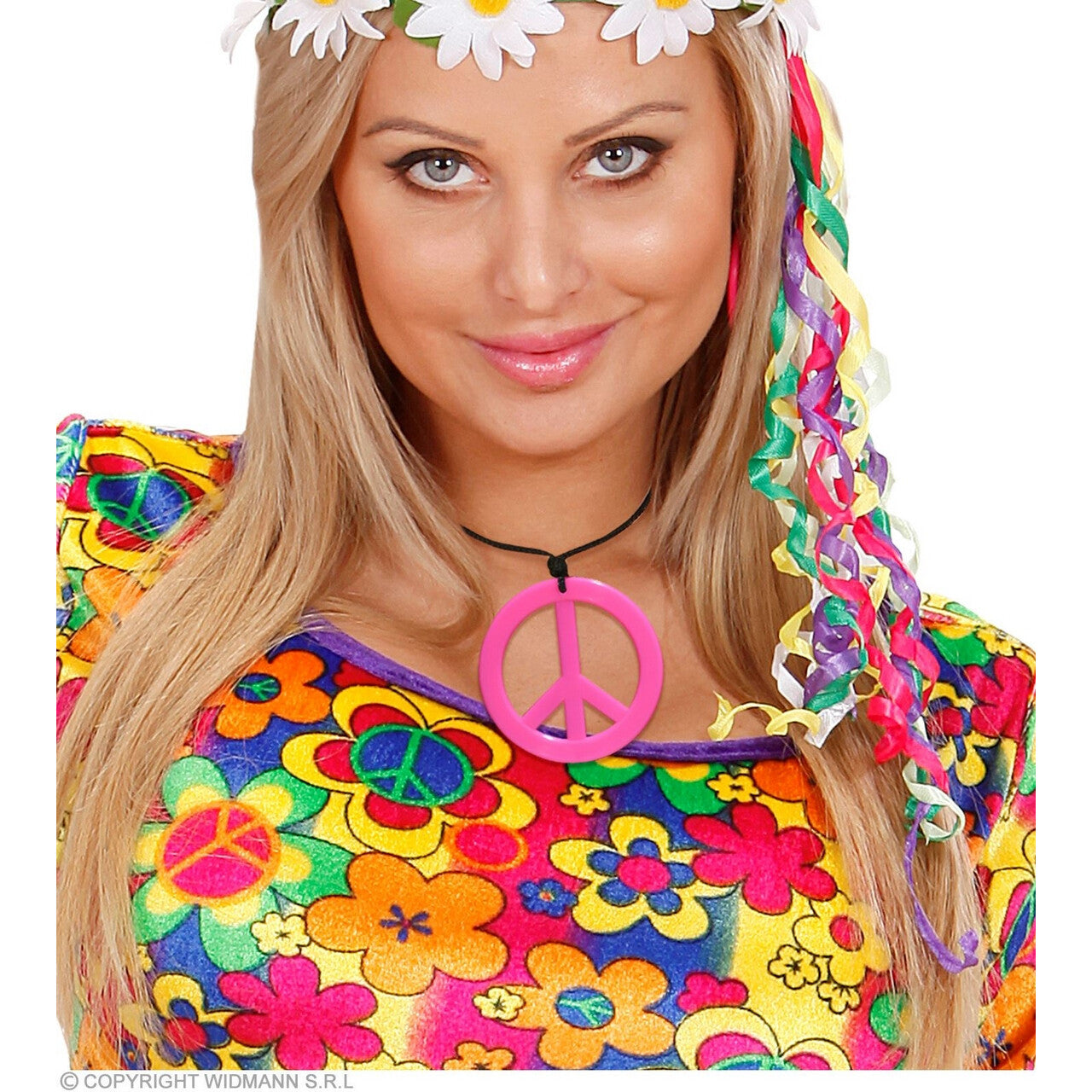 Op deze afbeelding zie je een Accessoires, van het merk Widmann. Hippie Set Peace Ketting En Oorbellen Neon Roze