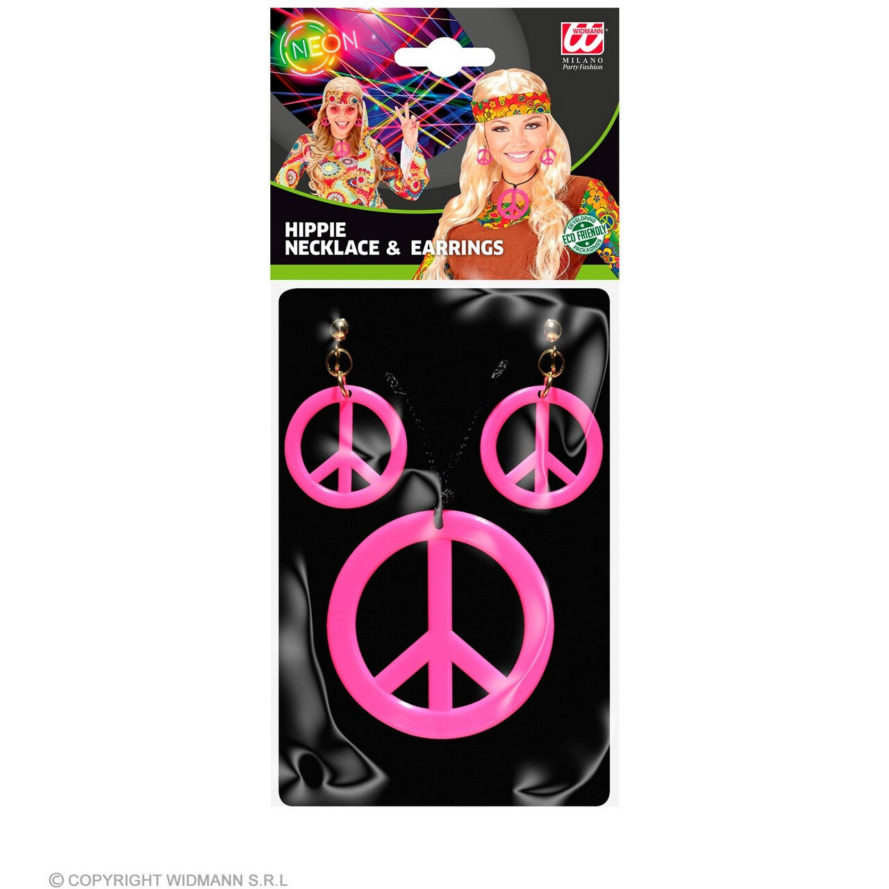 Op deze afbeelding zie je een Accessoires, van het merk Widmann. Hippie Set Peace Ketting En Oorbellen Neon Roze