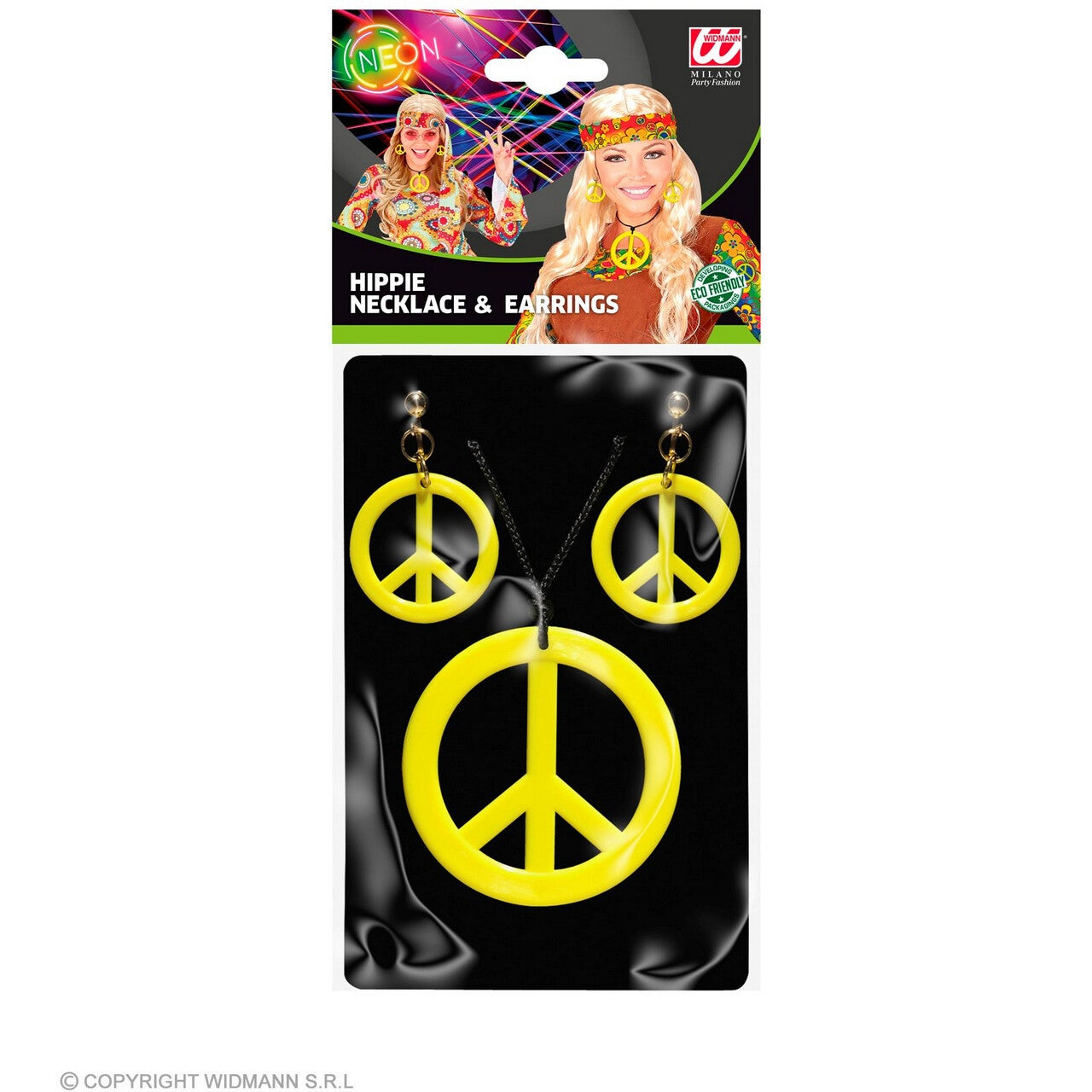 Op deze afbeelding zie je een Accessoires, van het merk Widmann. Hippie Set Peace Ketting En Oorbellen Neon Geel