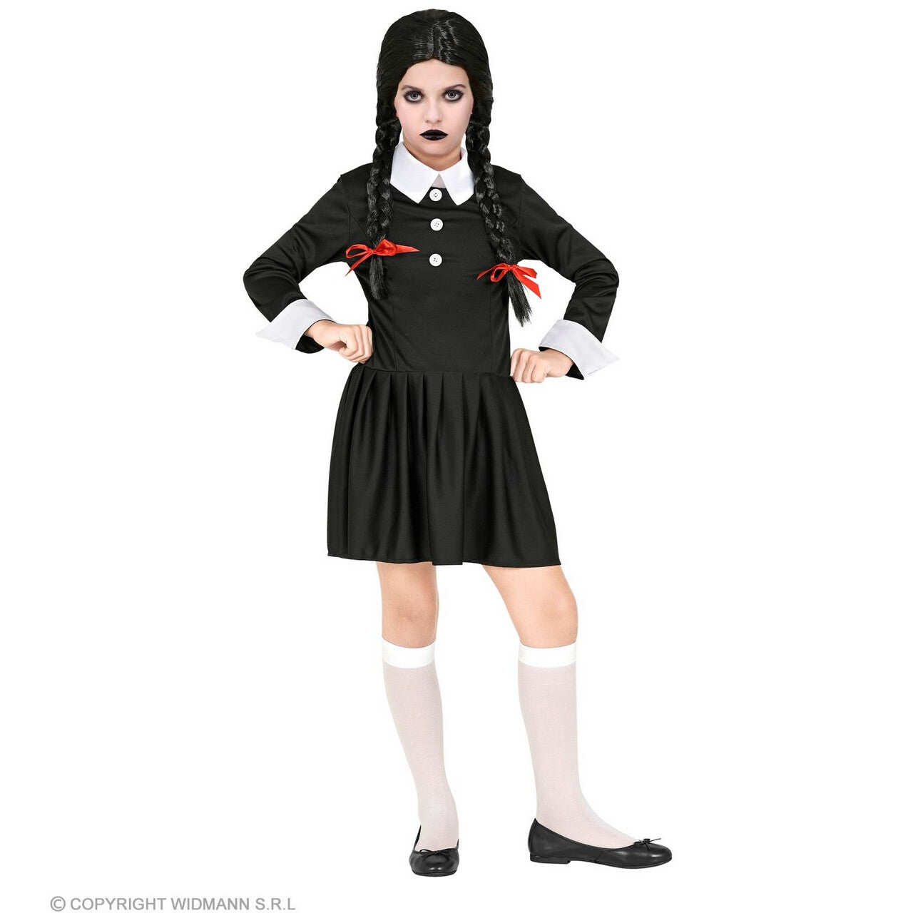 Op deze afbeelding zie je een Kostuums, van het merk Widmann. Duistere Wednesday Addams Meisje Kostuum