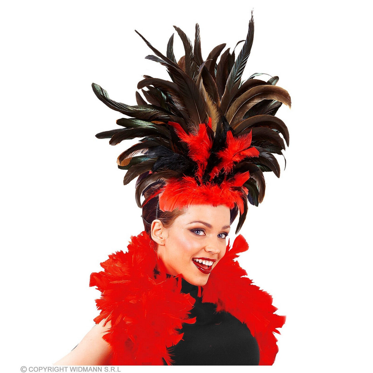 Op deze afbeelding zie je een Accessoires, van het merk Widmann. Hoofdband Met Veren Rio Zomer Carnaval Rood