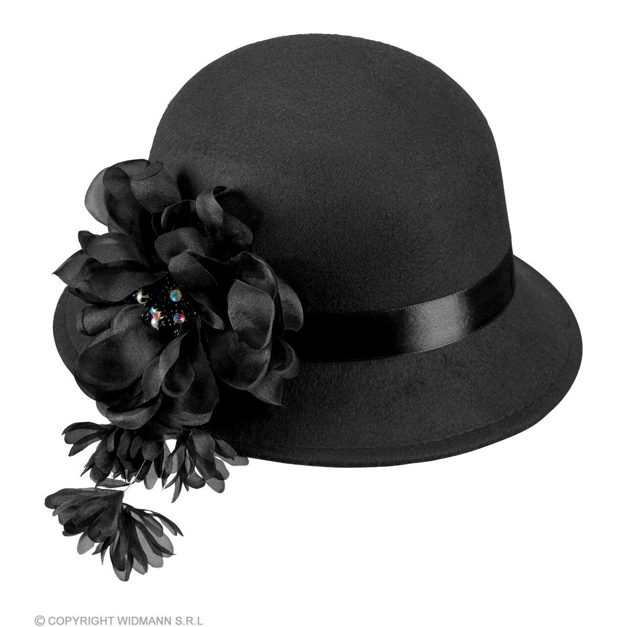 Op deze afbeelding zie je een Accessoires, van het merk Widmann. Deftige Jaren 20 Hoed Met Opvallende Bloem Zwart