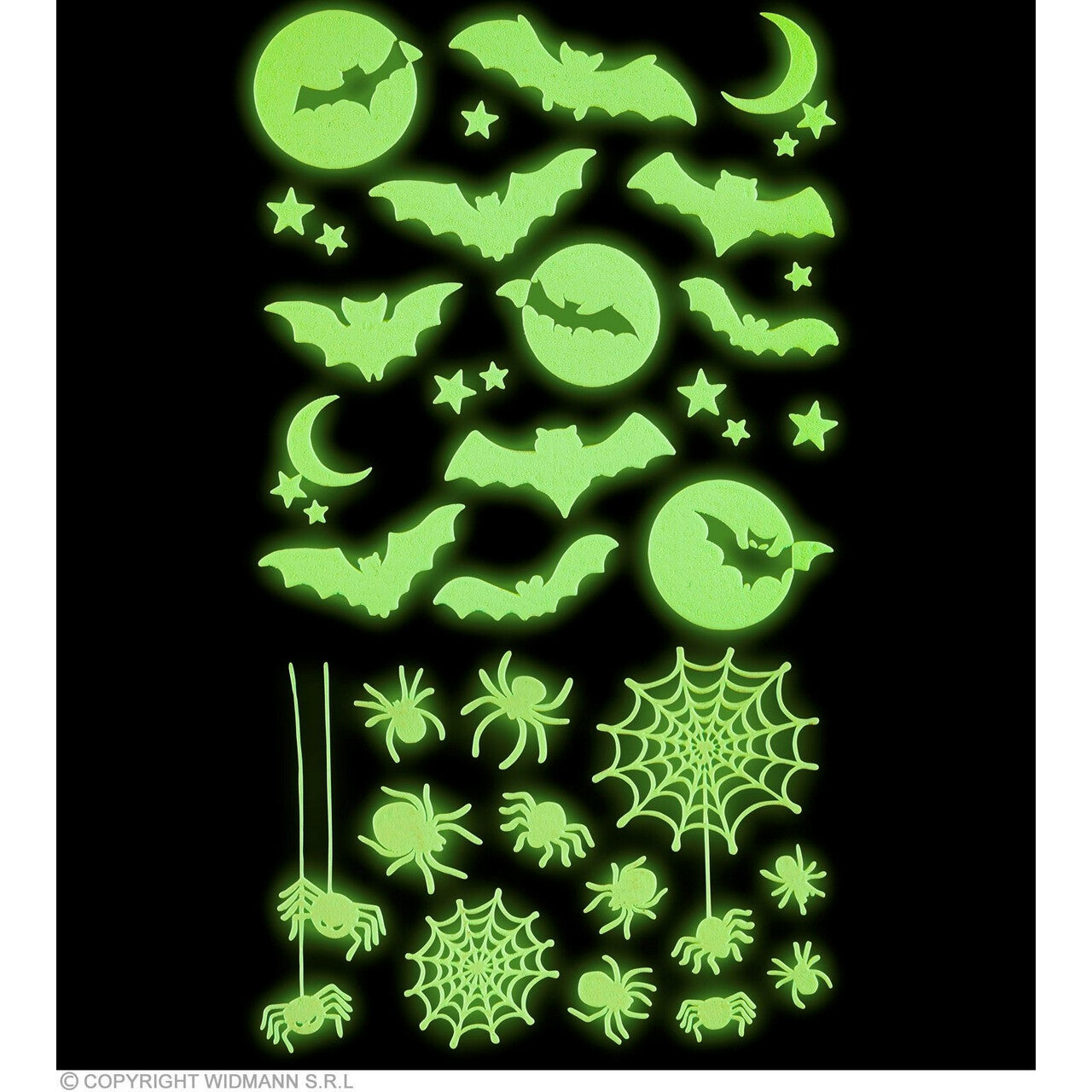 Op deze afbeelding zie je een Decoratie, van het merk Widmann. Glow In The Dark Halloween Spinnen En Vleermuizen Stickers