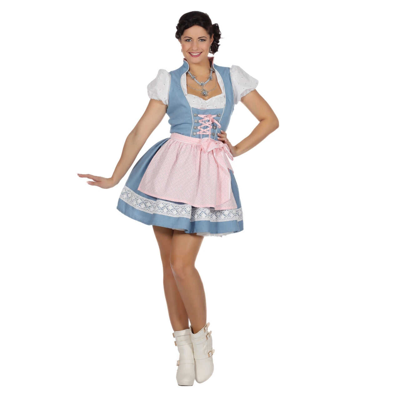 Op deze afbeelding zie je een Kostuums, van het merk Wilbers. Dirndl Johanna Jeans Vrouw Kostuum