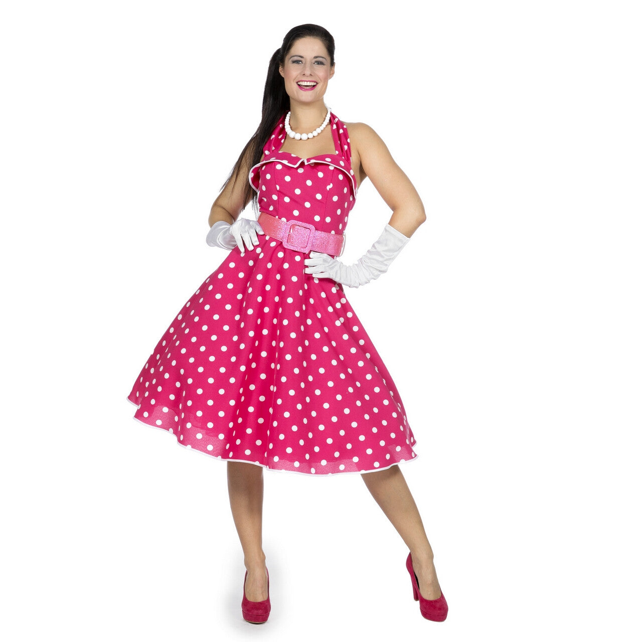 Op deze afbeelding zie je een Kostuums, van het merk Wilbers. Jaren 50 Roze Stippen Swingdress Met Riem Vrouw Kostuum