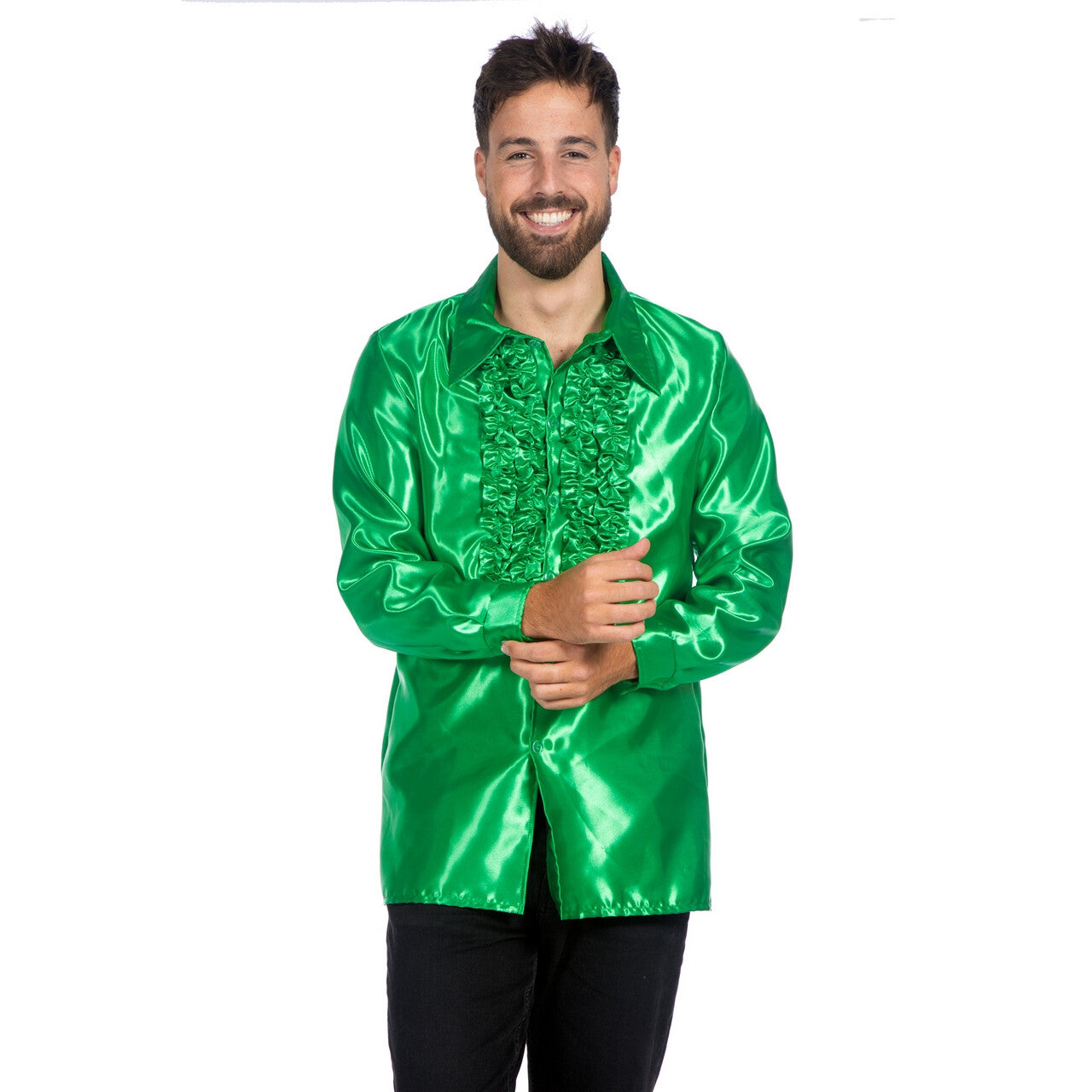 Op deze afbeelding zie je een Kostuums, van het merk Wilbers. Groene Ruches Blouse Satijn Foute Disco